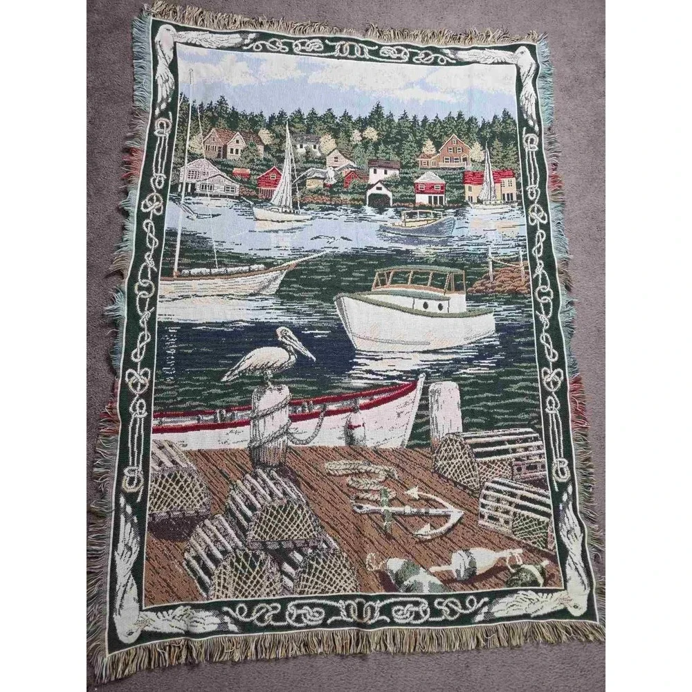 Goodwin Weavers‎ Throw Blanket Fringed Lake Boats Fishing 100% Cotton Made USA